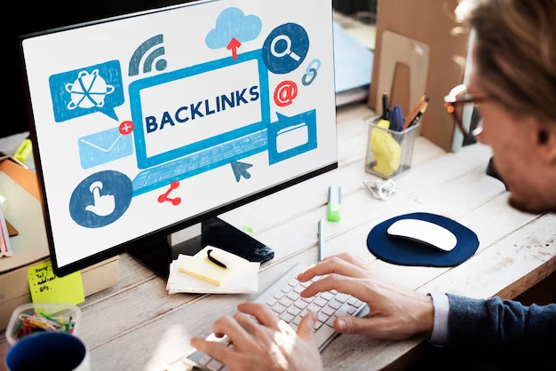 Man using laptop displaying backlink